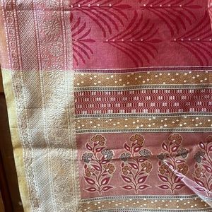 Dark red/pink and gold cotton sari with matching top